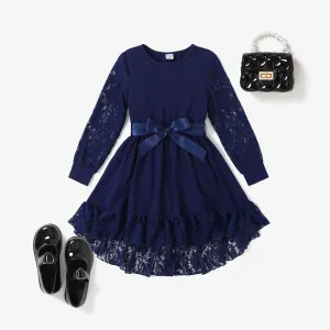 2pcs Kid Girl Lace  Asymmetrical Hemline Dress Set with Belt #1206434