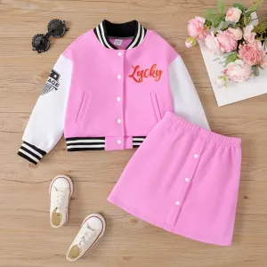 2pcs Kid Girl Letter Embroidered Sports Jacket and Skirt Set #1053348