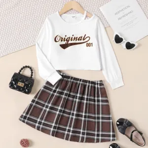 2pcs Kid Girl Letter Graphic Long-sleeve Top and Plaid Skirt Set #1050748