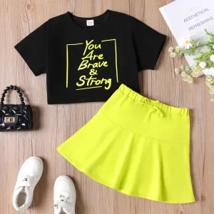 2pcs Kid Girl Letter Print Short-sleeve Cotton Tee and Solid Skirt Set