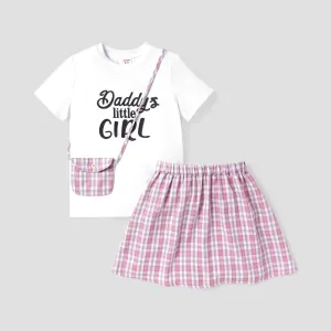 2pcs Kid Girl Letter Print Short-sleeve Tee and Plaid Skirt Set #839958