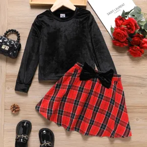 2pcs Kid Girl Long-sleeve Black Velvet Tee and 3D Bowknot Design Plaid Skirt Set #211724