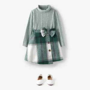 2pcs Kid Girl Long-sleeve Sweater and Bow Decor Plaid Skirt Set #1051274