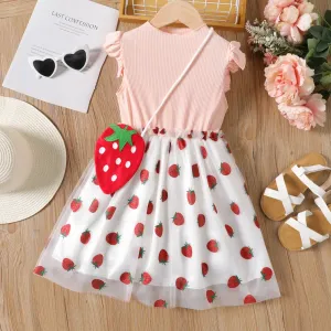 2pcs Kid Girl Pineapple/Strawberry Print Combo Mesh Fairy Dress with Sling Bag #917096