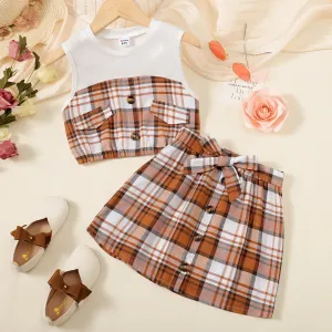 2pcs Kid Girl Plaid Tank Top and Button Up Belted Skirt Set #1034866