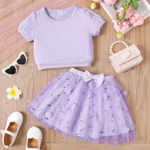 2pcs Kid Girl Purple Rib-knit Top and Floral Embroidered Mesh Overlay Skirt Set #1039256