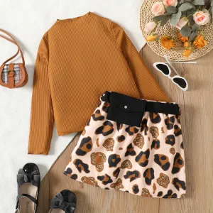 2pcs Kid Girl Ribbed Mock Neck Tee and Waist Design Leopard Print Skirt Set #984413