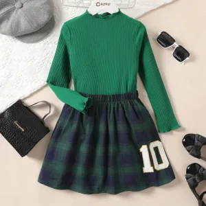 2pcs Kid Girl Ribbed Ruffle Solid Long-sleeve Top and Number Embroidery Plaid Skirt Set #1052347