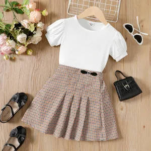 2pcs Kid Girl Ribbed Short-sleeve Tee and Plaid Pleated Skirt Set #228727