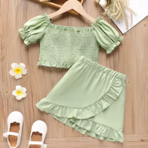 2pcs Kid Girl Ruffle Trim Puff Sleeve Smocked Top and Tulip Hem Skirt Set #860930