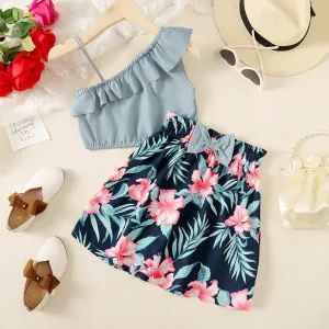 2pcs Kid Girl Ruffled One-Shoulder Cami Top and Allover Floral Print Bow Decor Skirt Set #1040202