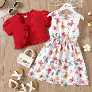 2Pcs Kid Girl Ruffled Short-sleeve Cardigan and Butterfly/Floral Print Tank Dress Set #860861