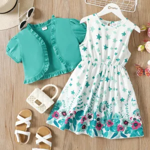 2Pcs Kid Girl Ruffled Short-sleeve Cardigan and Butterfly/Floral Print Tank Dress Set #860868