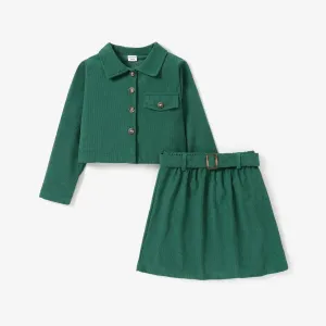 2PCS Kid Girl Solid Color Avant-garde Lapel Coat/Half Skirt Set #1164034