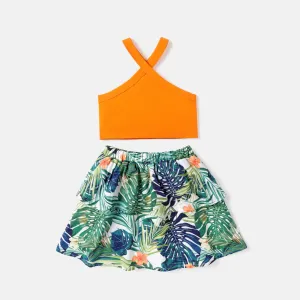 2Pcs Kid Girl Solid Halter Tank Top & Plant Print Skirt Set #834631