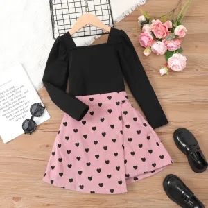 2pcs Kid Girl Solid Long-sleeve Top and Allover Heart Pattern Ribbed Skirt Set #1053392