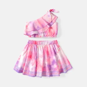 2pcs Kid Girl Tie Dyed One Shoulder Tee and Elasticized Skirt Set #780594