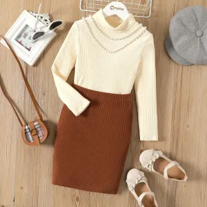 2pcs Kid Girl Turtleneck Long-sleeve Ribbed Cotton Tee and Brown Skirt Set #1112869