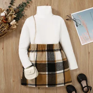 2pcs Kid Girl Turtleneck Tee and Plaid Skirt Set/ Sweater/ Hooded Fleece Coat
