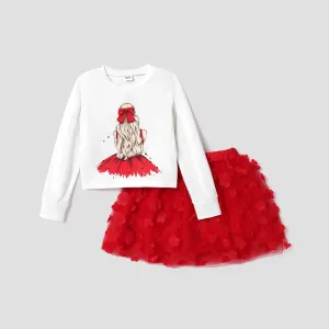 2pcs Kid Girl Figure Print Tee and 3D Floral Design Red Mesh Skirt Set #223621