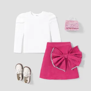 2PCS Kid Girl White Top/Pink Maxi Bow Skirt #1166349