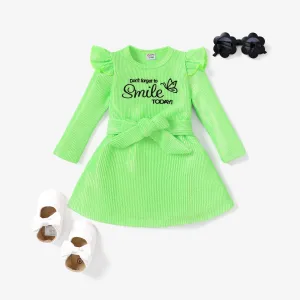2pcs Sweet Baby Girl Flutter Sleeve Letter Pattern Dress with Belt #1208214