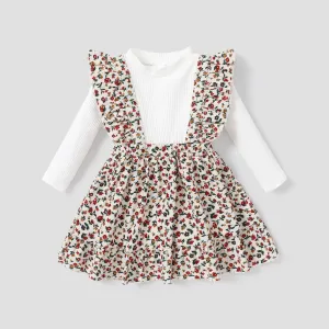 2PCS Toddler Girl 95% Cotton Sweet  Broken Flower Print  Flutter Sleeve Dress Set #1069235