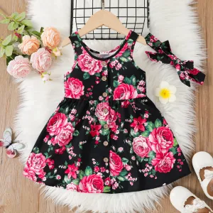 2pcs Toddler Girl Allover Floral Print Button Up Tank Dress with Headband #1045983