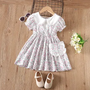 2pcs Toddler Girl Allover Floral Print Doll Collar Puff Sleeve Dress with Crossbody Bag #1045210