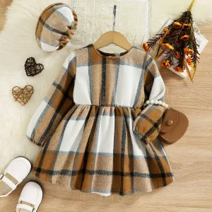2pcs Toddler Girl Classic Bowknot Design Plaid Dress and Cap #217634