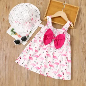 2pcs Toddler Girl Flamingo Print Bow Decor Strappy Dress and Hat Set #1044973