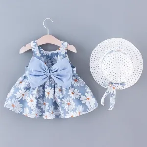 2pcs Toddler Girl Floral Print Bowknot Design Strap Dress and Straw Hat Set #201146