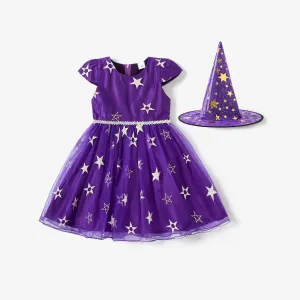 2pcs Toddler Girl Halloween Star Pattern Mesh Dress and Hat Set #1063434