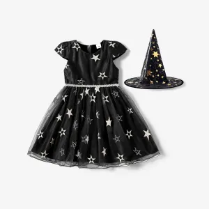 2pcs Toddler Girl Halloween Star Pattern Mesh Dress and Hat Set #1063439