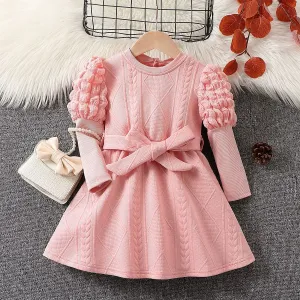 2pcs Toddler Girl Sweet Solid Color Dress with Puff Sleeves and Belt #1210558