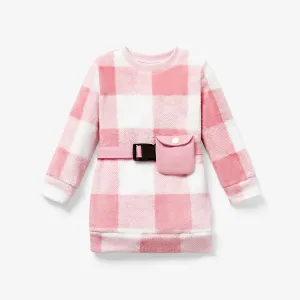2PCS Toddler Girl Sweet Waist Bag Grid/Houndstooth Pattern Long Sleeve Dress Set #1082913