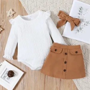3-piece Baby Girl Ruffled Cable Knit Textured White Sweater, Button Design Brown Skirt and Headband Set #195378