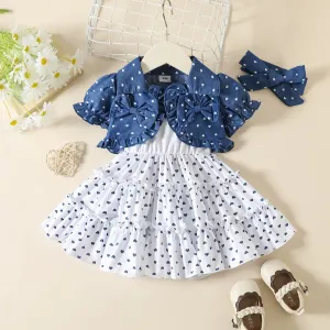 3pcs Baby Girl 100% Cotton Allover Heart Print Puff-sleeve Denim Crop Top and Cami Dress & Headband Set #793226