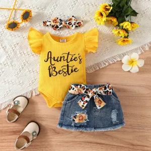 3pcs Baby Girl 100% Cotton Belted Ripped Denim Skirt and Letter Print Ribbed Flutter-sleeve Romper & Headband Set #908363