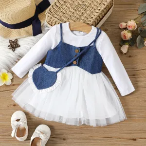 3pcs Baby Girl 100% Cotton Camisole and Long-sleeve Spliced Mesh Dress with Heart Shaped Crossbody Bag Set #207519