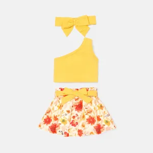 3pcs Baby Girl 100% Cotton Floral Print Belted Skirt and Solid Ribbed One Shoulder Tank Crop Top & Headband Set #791459
