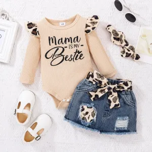 3pcs Baby Girl 100% Cotton Leopard Print Belted Ripped Denim Skirt and Letter Print Rib Knit Long-sleeve Romper with Headband Set #205244