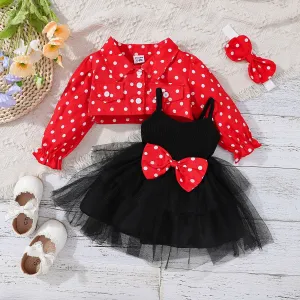 3pcs Baby Girl 100% Cotton Long-sleeve Polka Dots Crop Jacket and Rib Knit Spliced Mesh Cami Fairy Dress with Headband Set #202374