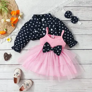 3pcs Baby Girl 100% Cotton Long-sleeve Polka Dots Crop Jacket and Rib Knit Spliced Mesh Cami Fairy Dress with Headband Set #209815