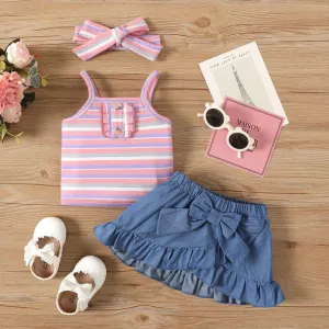 3pcs Baby Girl 100% Cotton Ruffled Skirt and Striped Cami Top & Headband Set #883607