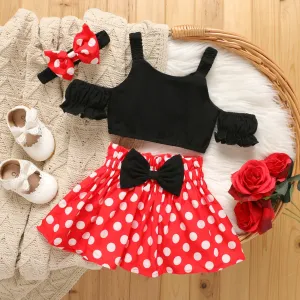 3pcs Baby Girl 95% Cotton Cold Shoulder Cami Top and Bow Front Polka Dots Skirt & Headband Set #1041232
