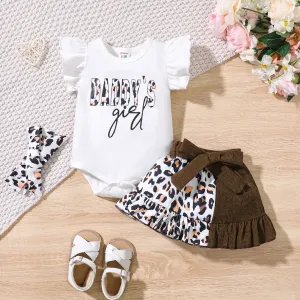 3pcs Baby Girl 95% Cotton Leopard Letter Print Flutter-sleeve Bodysuit & Belted Skirt & Bow Headband Set #1042044