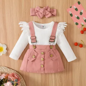 3pcs Baby Girl 95% Cotton Long-sleeve Lace Spliced Rib Knit Romper and Suspender Skirt with Headband Set #203545