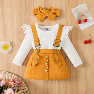 3pcs Baby Girl 95% Cotton Long-sleeve Lace Spliced Rib Knit Romper and Suspender Skirt with Headband Set #203547