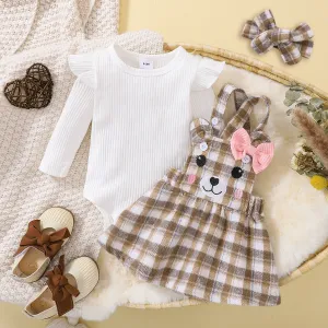 3pcs Baby Girl 95% Cotton Rib Knit Long-sleeve Romper and Cartoon Embroidered Plaid Overall Dress with Headband Set #204785